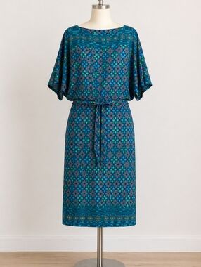 Vintage Lanvin Pure Silk Dress Size 10 Multicolor Geometric Print Belted Midi